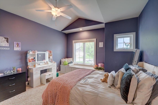 1002 Millies Way, Waunakee, WI 53597 - bedroom featuring light colored carpet, lofted ceiling, and ceiling fan