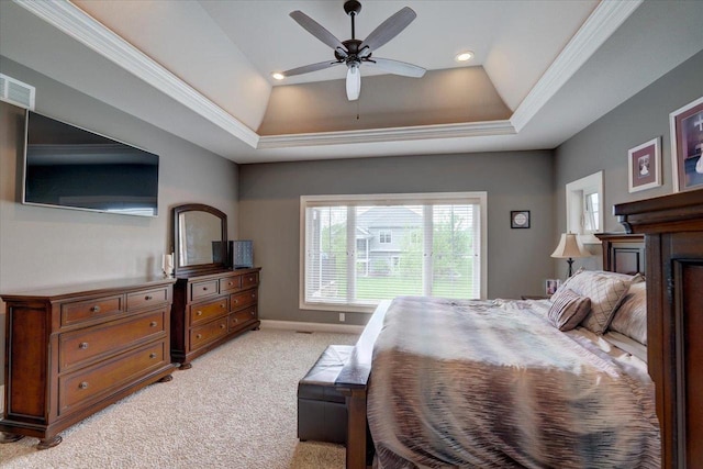 1002 Millies Way, Waunakee, WI 53597 - bedroom featuring a tray ceiling, light colored carpet, ornamental molding, recessed lighting, and a ceiling fan