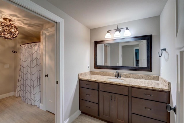 1002 Millies Way, Waunakee, WI 53597 - bathroom featuring wood finished floors, vanity, baseboards, and a shower with shower curtain