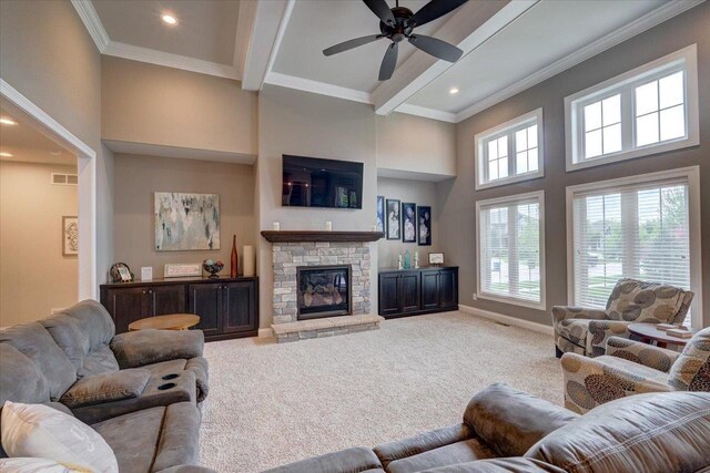 1002 Millies Way, Waunakee, WI 53597 - carpeted living area with a high ceiling, recessed lighting, beam ceiling, a ceiling fan, and baseboards