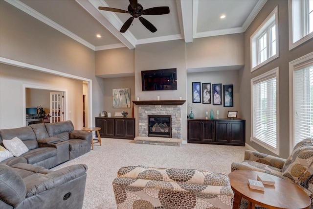 1002 Millies Way, Waunakee, WI 53597 - living room featuring carpet flooring, a towering ceiling, beamed ceiling, a ceiling fan, and recessed lighting