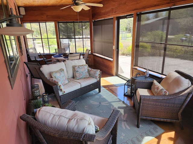 W7429 Akron Dr, Wild Rose, WI 54984 - sunroom / solarium featuring a ceiling fan and outdoor lounge area