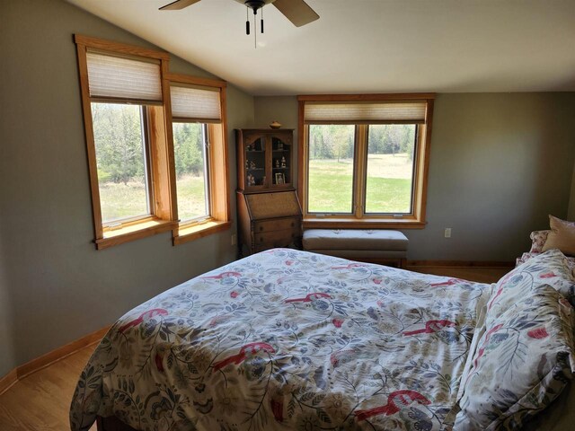 W7429 Akron Dr, Wild Rose, WI 54984 - bedroom featuring lofted ceiling, multiple windows, baseboards, a ceiling fan, and wood finished floors
