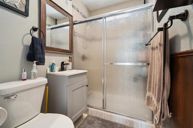 129 W 19th Ave, Oshkosh, WI 54902 - bathroom featuring a textured wall, toilet, a stall shower, and vanity