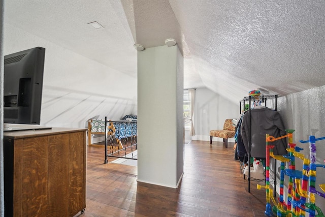 129 W 19th Ave, Oshkosh, WI 54902 - rec room with a textured ceiling, lofted ceiling, dark wood finished floors, and baseboards