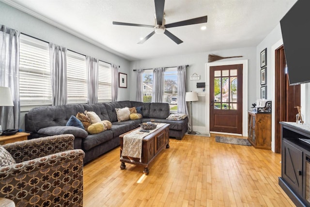 129 W 19th Ave, Oshkosh, WI 54902 - living room featuring a ceiling fan, light wood-style floors, and baseboards