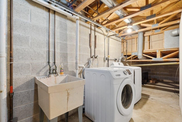 2734 Old Mill Dr Unit A-2, Racine, WI 53405 - laundry area with washing machine and dryer and concrete block wall