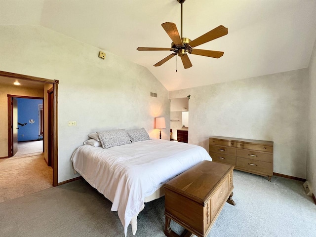 86 Ledgebrook Dr, Fond Du Lac, WI 54935 - bedroom featuring vaulted ceiling, light carpet, a ceiling fan, and baseboards