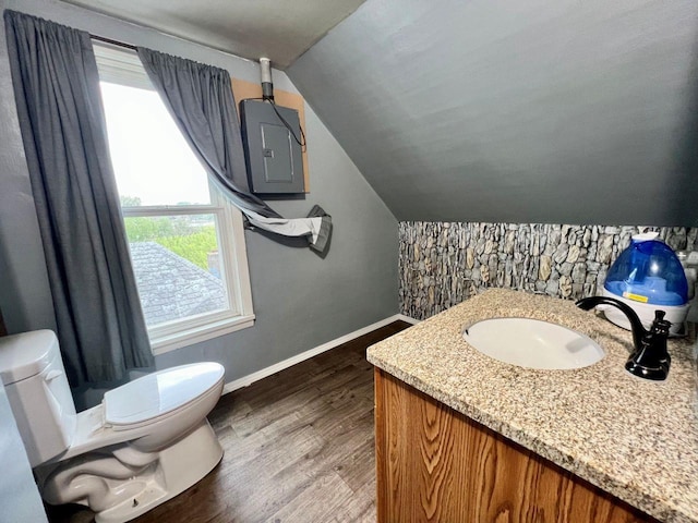 420 W Ramsdell St, Marion, WI 54950 - bathroom featuring electric panel, toilet, lofted ceiling, baseboards, and wood finished floors