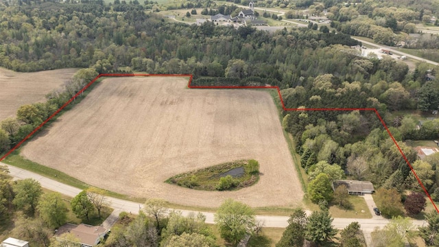 N2757 Shadow Rd, Waupaca, WI 54981 - aerial view of sparsely populated area featuring a heavily wooded area and property parcel outlined