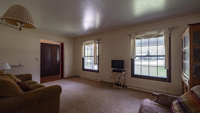 N2757 Shadow Rd, Waupaca, WI 54981 - living room with baseboard heating and carpet floors