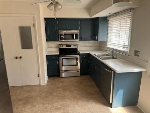 2416 N 69th St Unit 2418, Wauwatosa, WI 53213 - kitchen featuring stainless steel appliances, a sink, ceiling fan, light countertops, and decorative backsplash