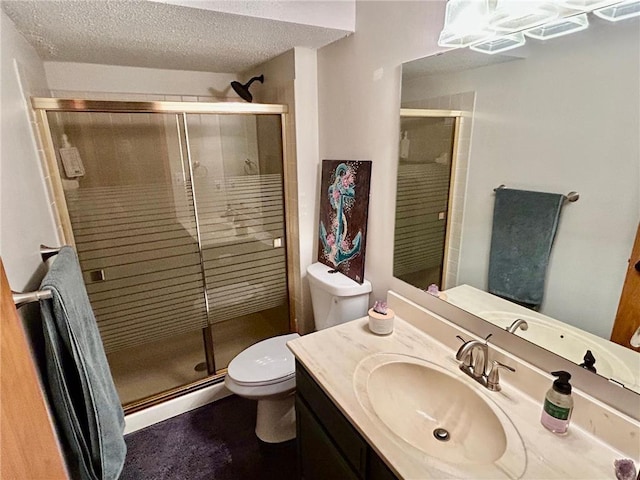 6640 Falstaff Rd, Saint Paul, MN 55125 - bathroom with baseboard heating, a textured ceiling, toilet, a stall shower, and vanity