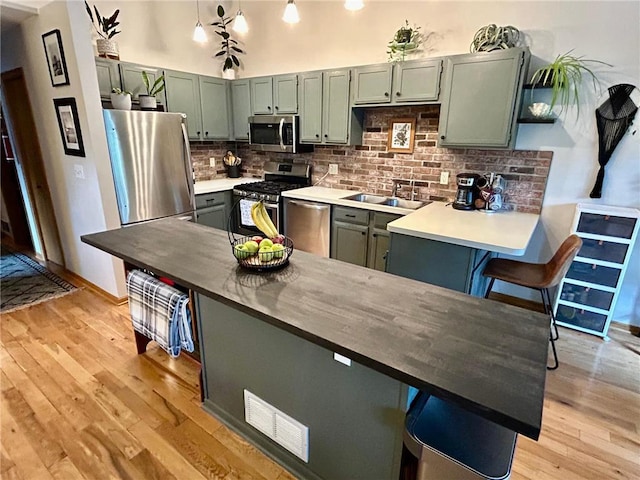 6640 Falstaff Rd, Saint Paul, MN 55125 - kitchen with stainless steel appliances, a sink, a peninsula, and light wood finished floors