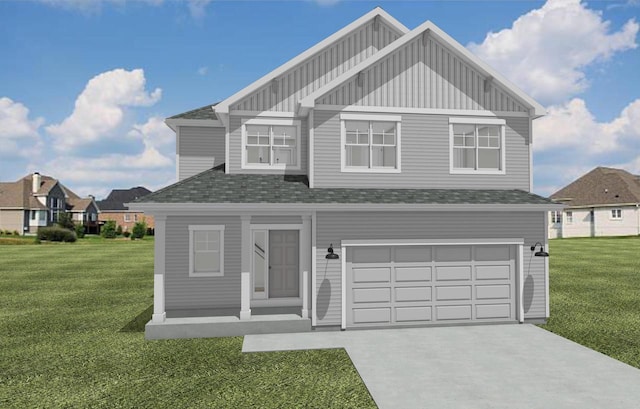 3916 32nd Ave Unit Lt120, Kenosha, WI 53144 - view of front facade with board and batten siding, a garage, a front yard, and a shingled roof