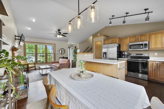 7217 Iris Bloom Dr, Madison, WI 53719 - dining area with lofted ceiling, ceiling fan, and dark wood-style flooring