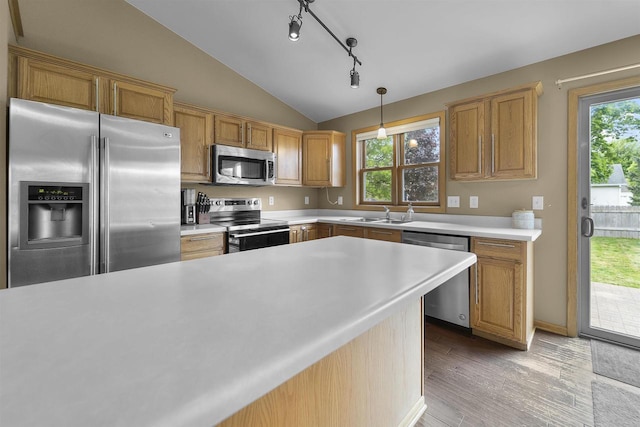 7217 Iris Bloom Dr, Madison, WI 53719 - kitchen with stainless steel appliances, light countertops, vaulted ceiling, a sink, and hanging light fixtures