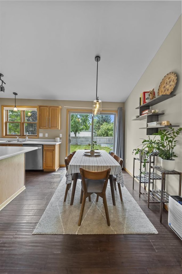 7217 Iris Bloom Dr, Madison, WI 53719 - dining room featuring healthy amount of natural light, dark wood-style floors, and vaulted ceiling