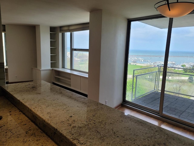 1610 N Prospect Ave Unit 506, Milwaukee, WI 53202 - kitchen with a water view, stone countertops, built in shelves, wood finished floors, and a wall of windows