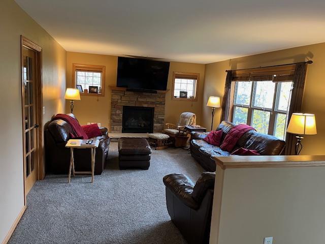 1030 Woodland Ct, Plover, WI 54467 - living room featuring healthy amount of natural light, carpet floors, and a stone fireplace