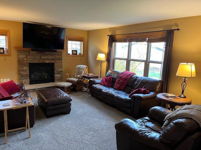 1030 Woodland Ct, Plover, WI 54467 - living area featuring carpet flooring, healthy amount of natural light, and a fireplace