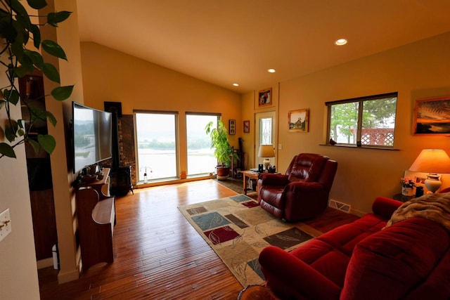 4905 Starlight Ln, Cassville, WI 53806 - living room featuring lofted ceiling, wood finished floors, recessed lighting, a wood stove, and baseboards