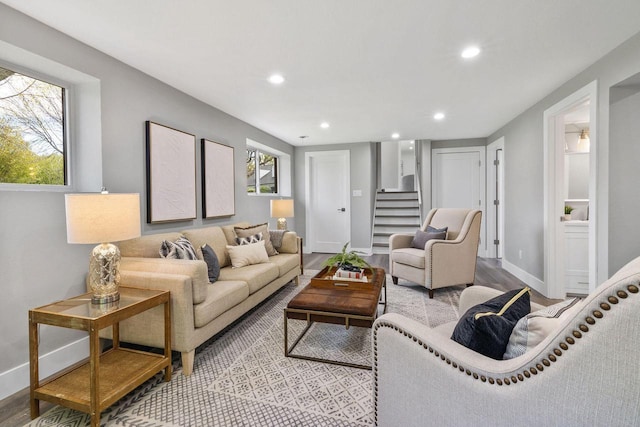 250 W Suburban Ct, Fox Point, WI 53217 - living area featuring recessed lighting, baseboards, stairway, plenty of natural light, and light wood-style flooring