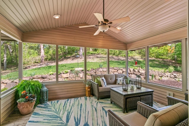 S7698 Grandview Ave, Merrimac, WI 53561 - sunroom / solarium featuring vaulted ceiling, an outdoor living space, and a ceiling fan