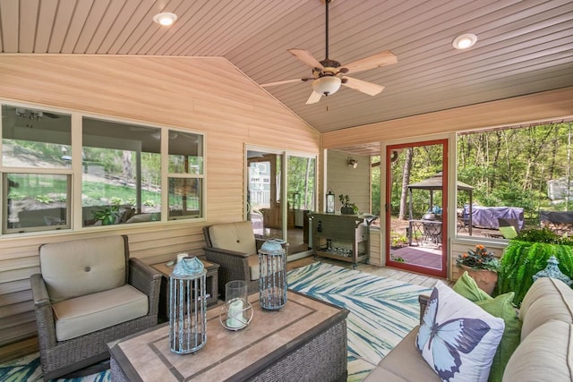 S7698 Grandview Ave, Merrimac, WI 53561 - sunroom with an outdoor hangout area, outdoor dining area, lofted ceiling, and a ceiling fan