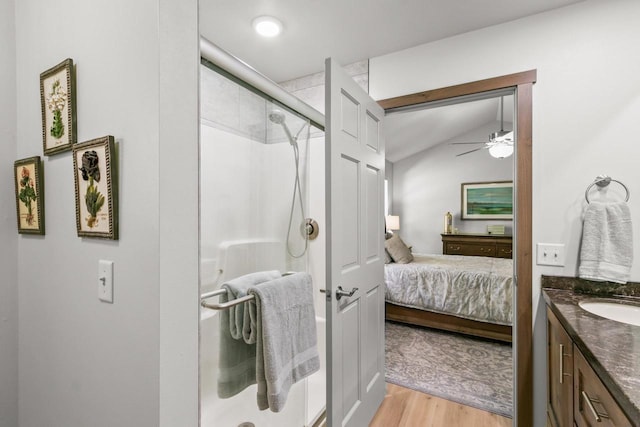 S7698 Grandview Ave, Merrimac, WI 53561 - bathroom with lofted ceiling, connected bathroom, a shower stall, ceiling fan, and wood finished floors