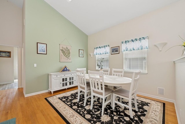 1885 Golfview Dr Unit 35-17, Lake Geneva, WI 53147 - dining area featuring high vaulted ceiling, light wood finished floors, and baseboards