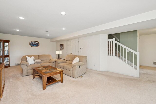 1885 Golfview Dr Unit 35-17, Lake Geneva, WI 53147 - living room with carpet, stairway, baseboard heating, recessed lighting, and baseboards