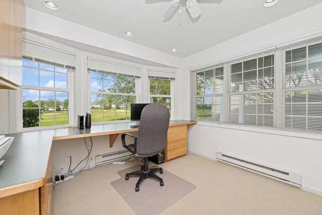 1885 Golfview Dr Unit 35-17, Lake Geneva, WI 53147 - home office with a baseboard radiator, ceiling fan, light colored carpet, and recessed lighting