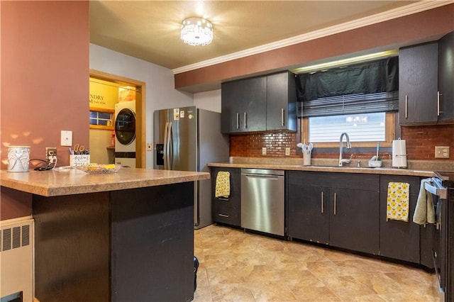 2126 Hogeboom Ave, Eau Claire, WI 54701 - kitchen with a sink, dishwasher, backsplash, light countertops, and ornamental molding