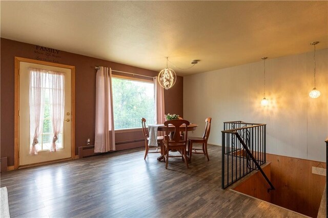 2126 Hogeboom Ave, Eau Claire, WI 54701 - dining area featuring wood finished floors, a chandelier, and a baseboard radiator