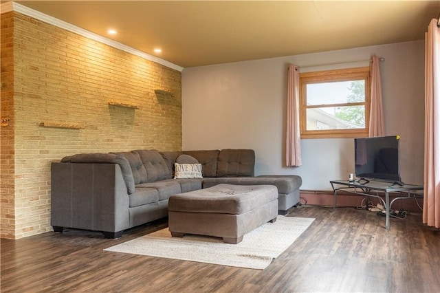 2126 Hogeboom Ave, Eau Claire, WI 54701 - living room featuring brick wall and dark wood-style flooring