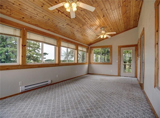 4190 County Road P, Spring Valley, WI 54767 - unfurnished room featuring a baseboard radiator, ceiling fan, carpet flooring, vaulted ceiling, and baseboards