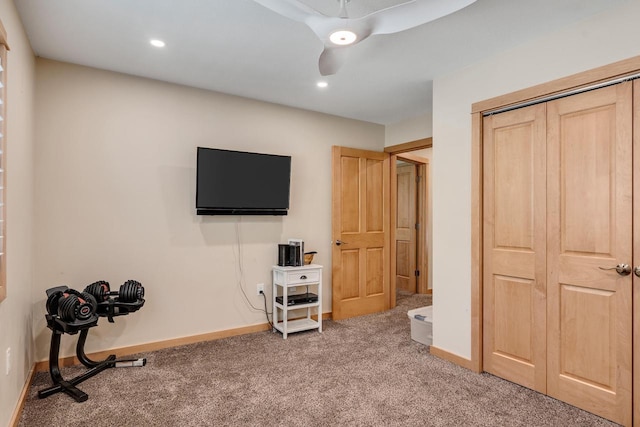 1204 Lakeview Dr # 6, Tomah, WI 54660 - workout room featuring carpet flooring, baseboards, recessed lighting, and ceiling fan