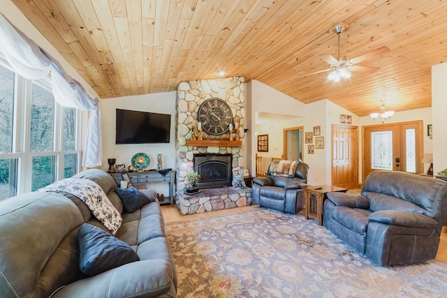 N4404 Pine Dr, Montello, WI 53949 - living area featuring vaulted ceiling, wooden ceiling, healthy amount of natural light, ceiling fan, and wood finished floors