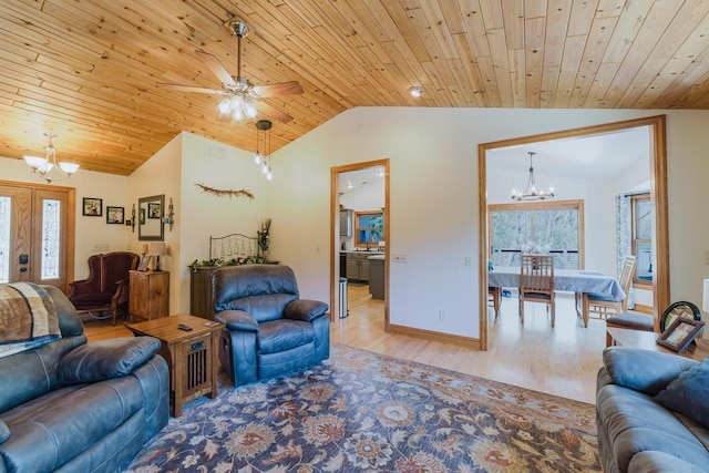 N4404 Pine Dr, Montello, WI 53949 - living room featuring a chandelier, vaulted ceiling, wood finished floors, wooden ceiling, and ceiling fan