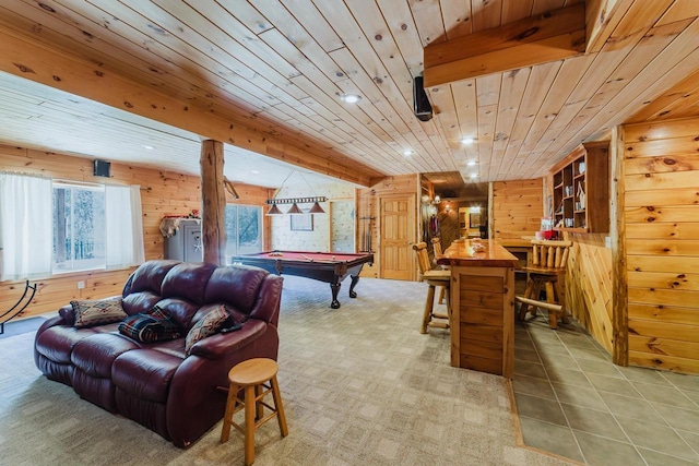 N4404 Pine Dr, Montello, WI 53949 - game room featuring billiards, wooden walls, tile patterned floors, a dry bar, and wooden ceiling
