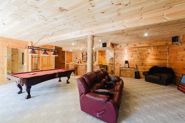 N4404 Pine Dr, Montello, WI 53949 - rec room with carpet floors, pool table, wood walls, and wooden ceiling