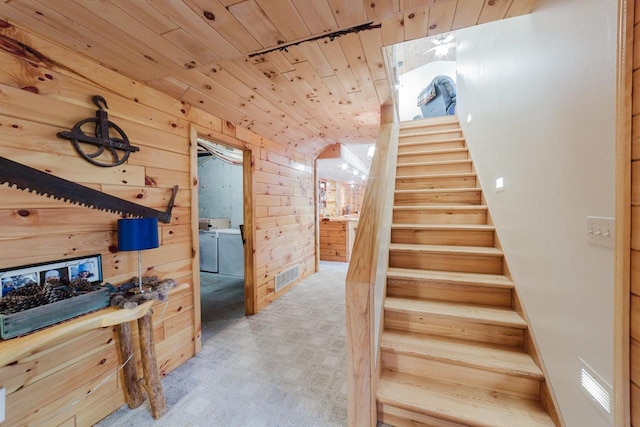 N4404 Pine Dr, Montello, WI 53949 - stairway featuring wooden walls and wooden ceiling