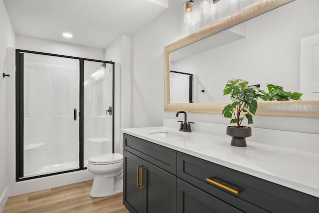 815 Steven Vw, Waunakee, WI 53597 - bathroom featuring wood finished floors, a stall shower, toilet, vanity, and recessed lighting