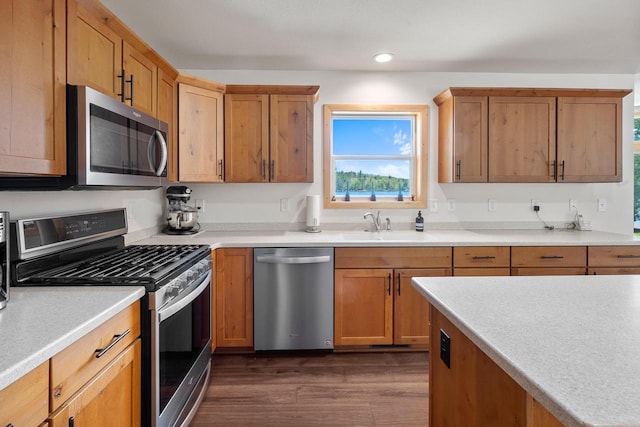 12450 Nixon Rd, Minocqua, WI 54548 - kitchen featuring appliances with stainless steel finishes, a sink, light countertops, dark wood-style flooring, and recessed lighting