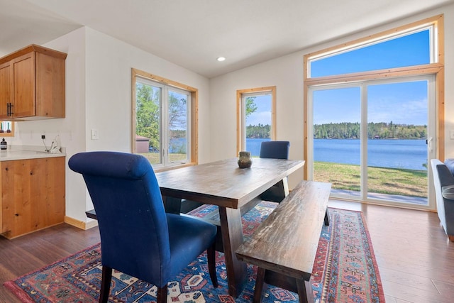12450 Nixon Rd, Minocqua, WI 54548 - dining room featuring wood finished floors, lofted ceiling, recessed lighting, and a water view