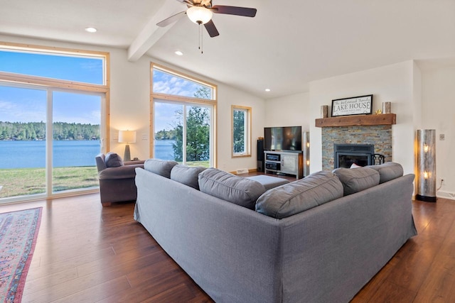 12450 Nixon Rd, Minocqua, WI 54548 - living room featuring ceiling fan, dark wood-style flooring, a fireplace, and recessed lighting