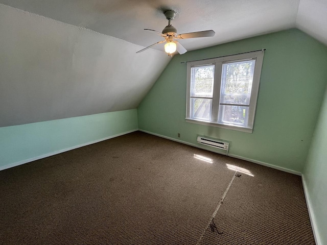 923 E Clarke St, Milwaukee, WI 53212 - additional living space with vaulted ceiling, ceiling fan, baseboards, carpet floors, and a baseboard radiator