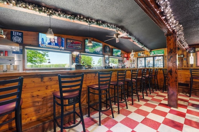 30994 122nd St, New Auburn, WI 54757 - community bar area with tile patterned floors, plenty of natural light, ceiling fan, vaulted ceiling, and wood walls