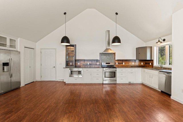 450 Lake Ave, Montello, WI 53949 - kitchen with appliances with stainless steel finishes, wall chimney range hood, high vaulted ceiling, glass insert cabinets, and dark wood-style floors